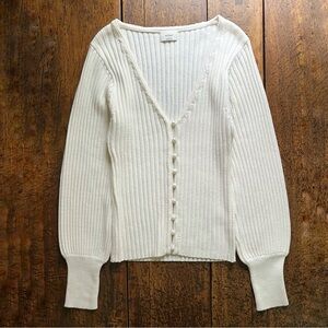 Aritzia Cream Ribbed Button-Front Cardigan Wool Cotton Blend